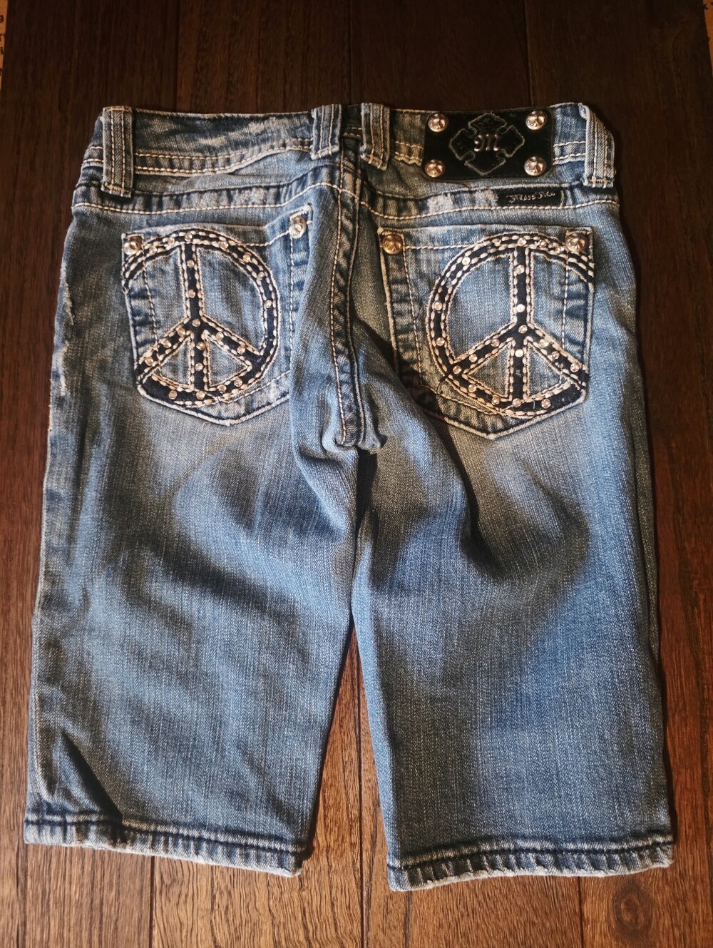 Miss Me Rhinestoned Pocket Peace Sign Bermuda Shorts
